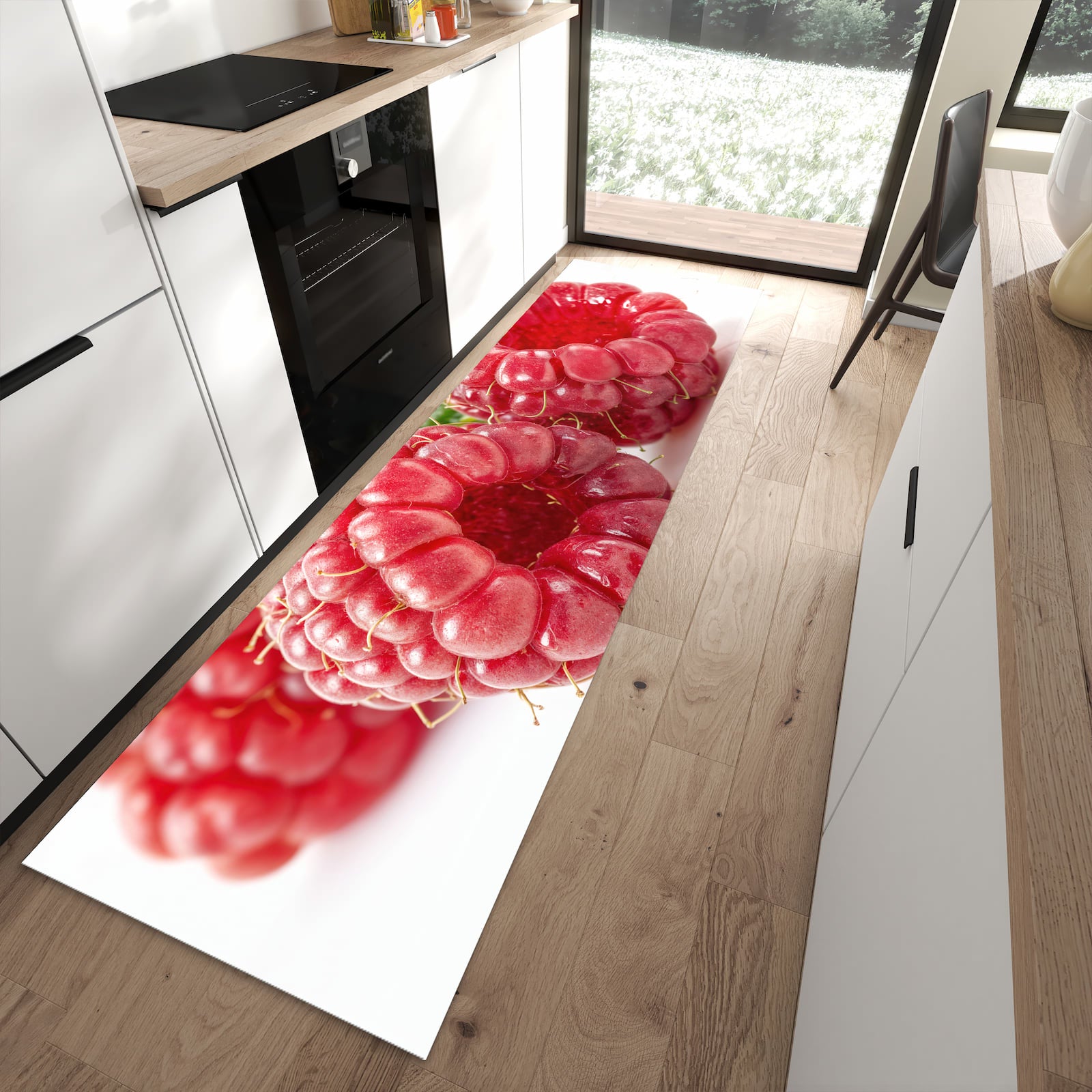 Pflegeleichter Küchenteppich mit Motiv Himbeeren von Frische in moderner Küche