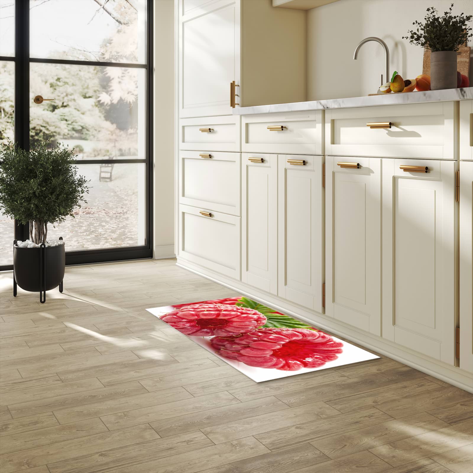 Komfortabler moderner Küchenläufer mit Motiv Himbeeren von Frische in heller Küche