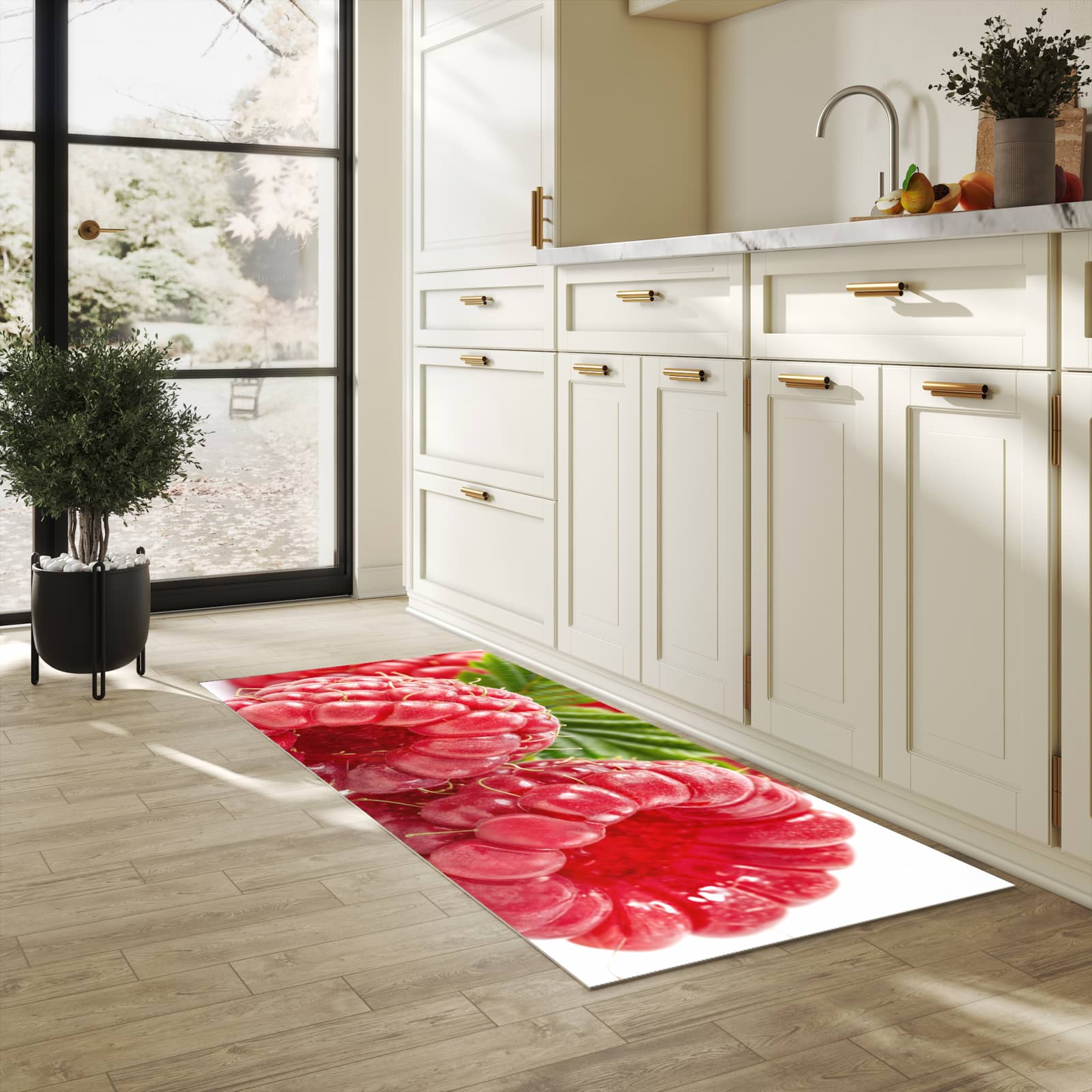 Langlebiger Teppich für die Küche mit Motiv Himbeeren von Frische in heller Küche