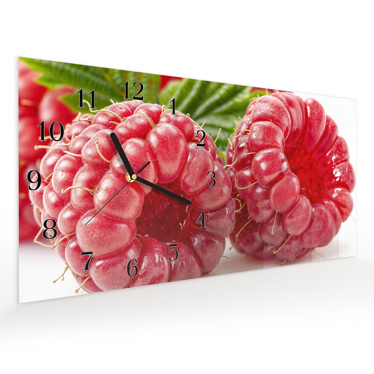 Vormontiert – mit Schwebeeffekt – Wanduhr Saftige Himbeeren Nah aus Glas – Querformat 60 × 30 cm