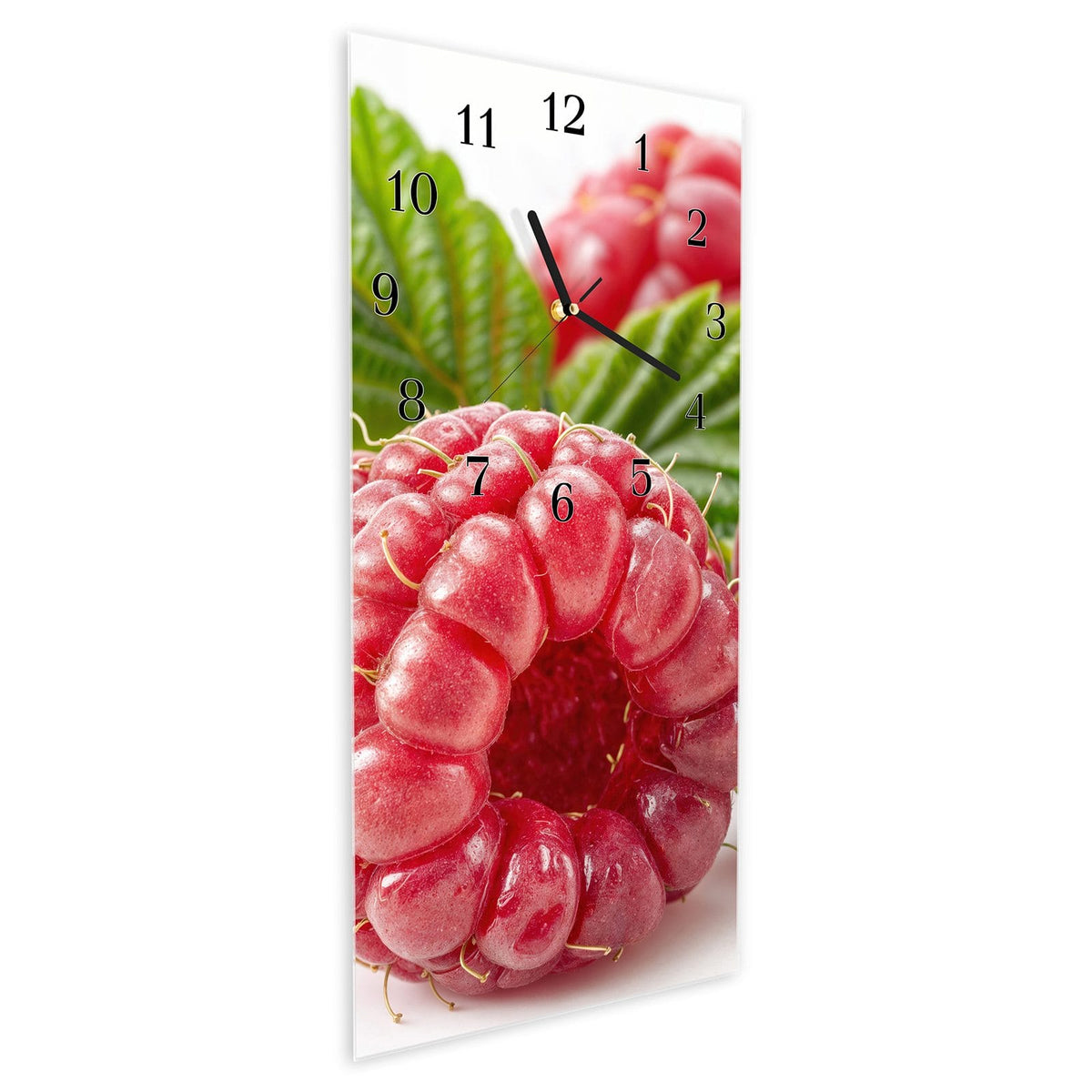 Vormontiert – mit Schwebeeffekt – Wanduhr Saftige Himbeeren Nah aus Glas – Hochformat 30 × 60 cm