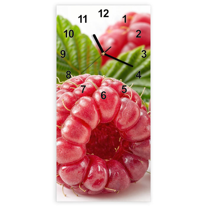 Wanduhr Saftige Himbeeren Nah aus Glas – Hochformat 30 × 60 cm mit Ziffernblatt Modern