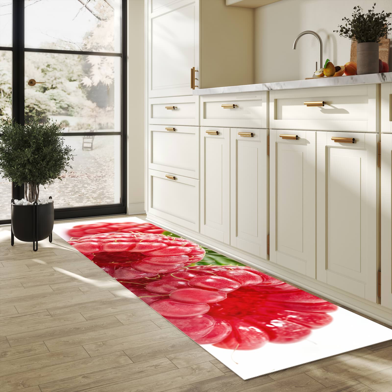 Bodenschonender Küchenteppich mit Motiv Himbeeren von Frische in heller Küche