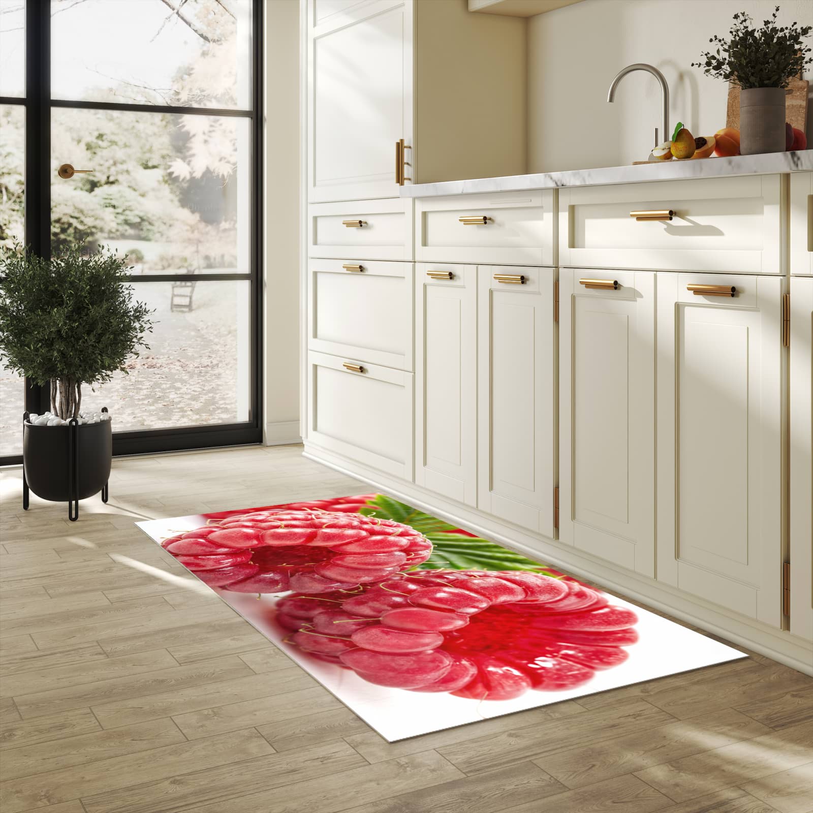 Läufer für die Küche mit Motiv Himbeeren von Frische in heller Küche für Ordnung