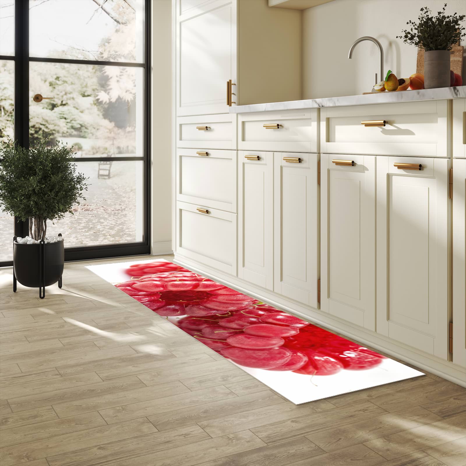 Hygienischer Küchenteppich mit Motiv Himbeeren von Frische in heller Küche
