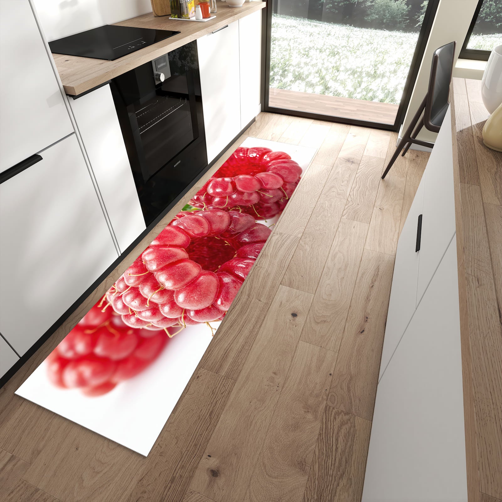 Geruchsneutraler abwaschbarer Küchenteppich mit Motiv Himbeeren von Frische in moderner Küche