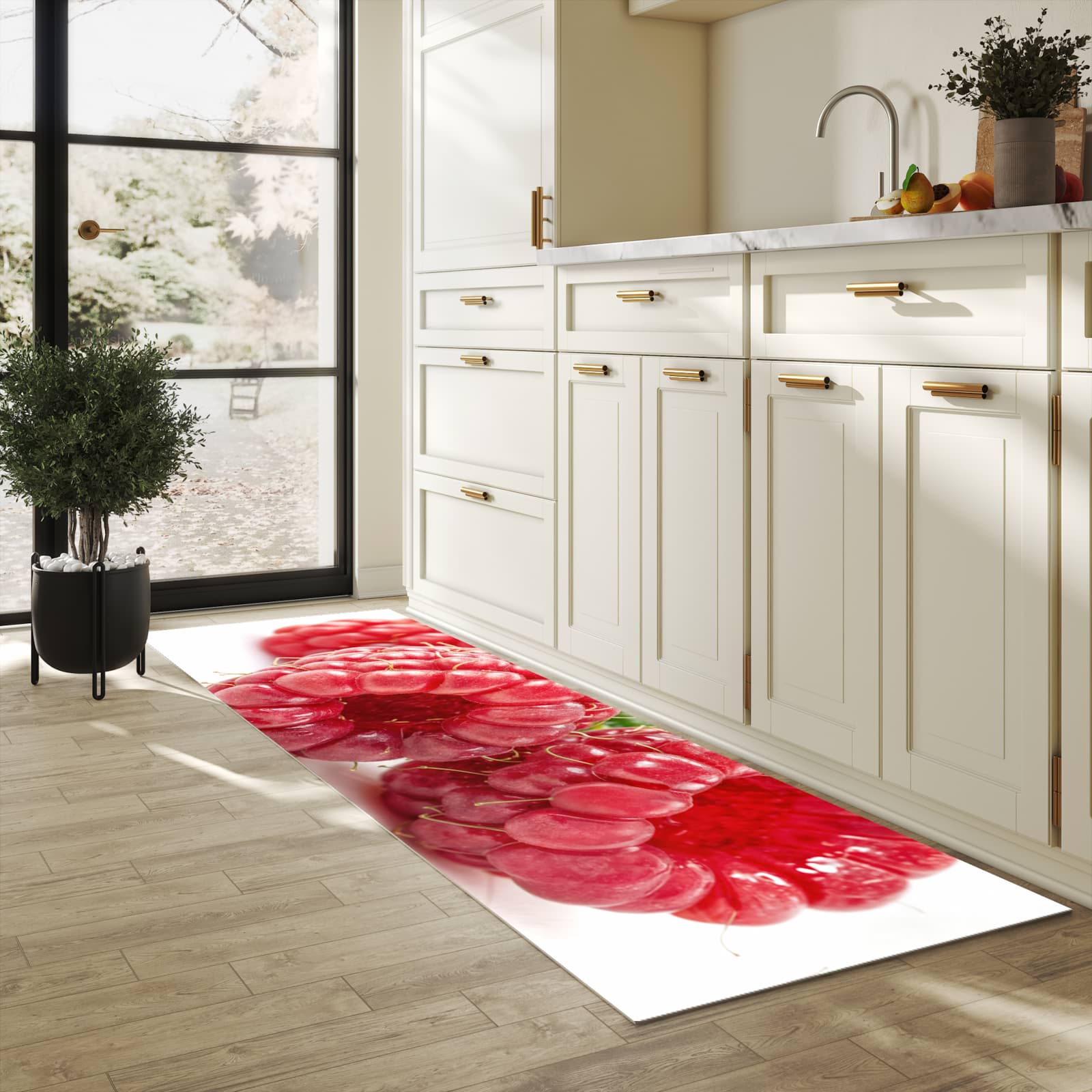 Feuchtigkeitsresistenter Küchenteppich mit Motiv Himbeeren von Frische in heller Küche