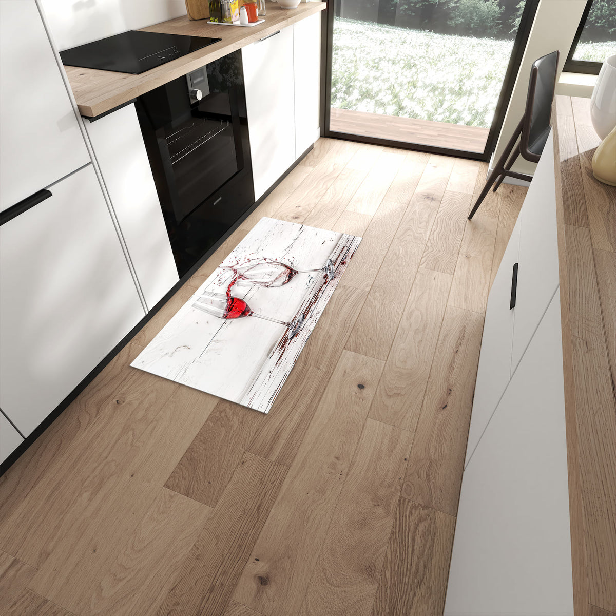 Rutschfester großer Küchenteppich mit Motiv Rotweingläserfall in moderner Küche #grösse_60 x 120 cm