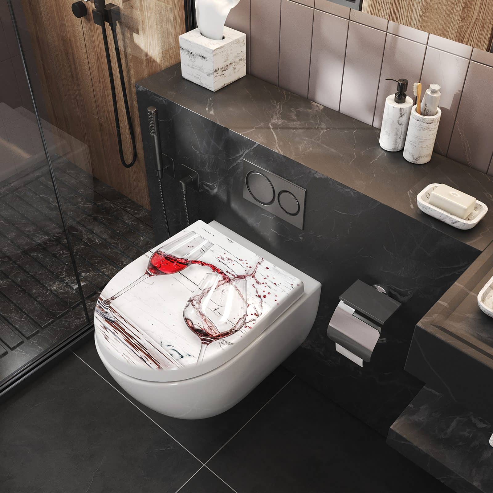 WC-Sitz mit Absenkautomatik Rotweingläserfall