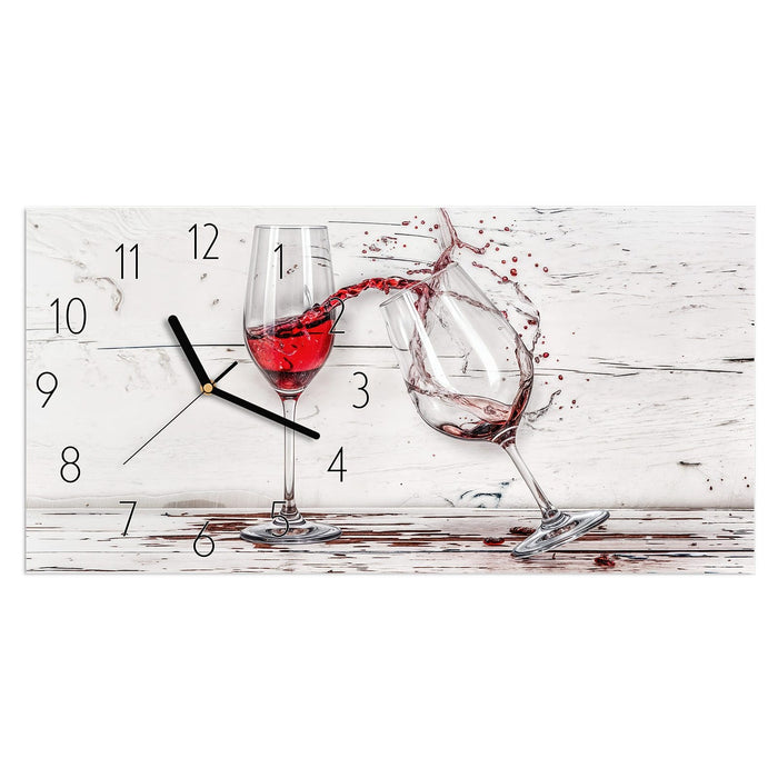 Wanduhr Fallende Rotweingläser aus Glas – Querformat 60 × 30 cm mit Ziffernblatt Elegant