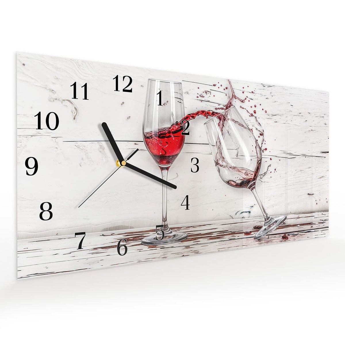 Vormontiert – mit Schwebeeffekt – Wanduhr Fallende Rotweingläser aus Glas – Querformat 60 × 30 cm