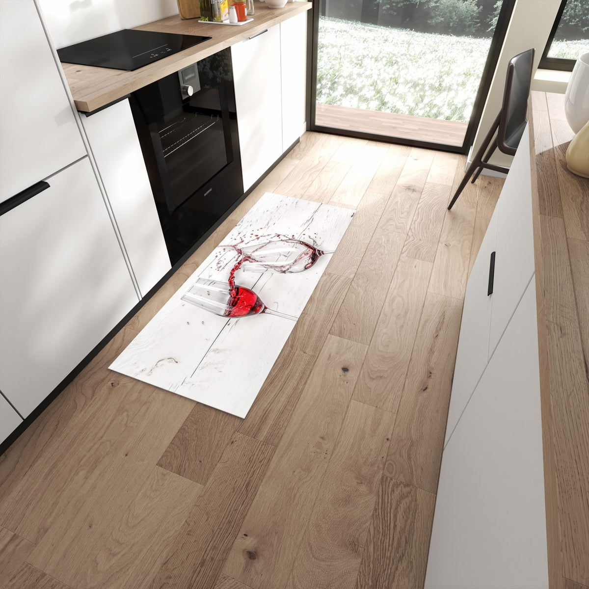 Feuchtigkeitsresistenter Küchenteppich mit Motiv Rotweingläserfall in moderner Küche #grösse_60 x 150 cm