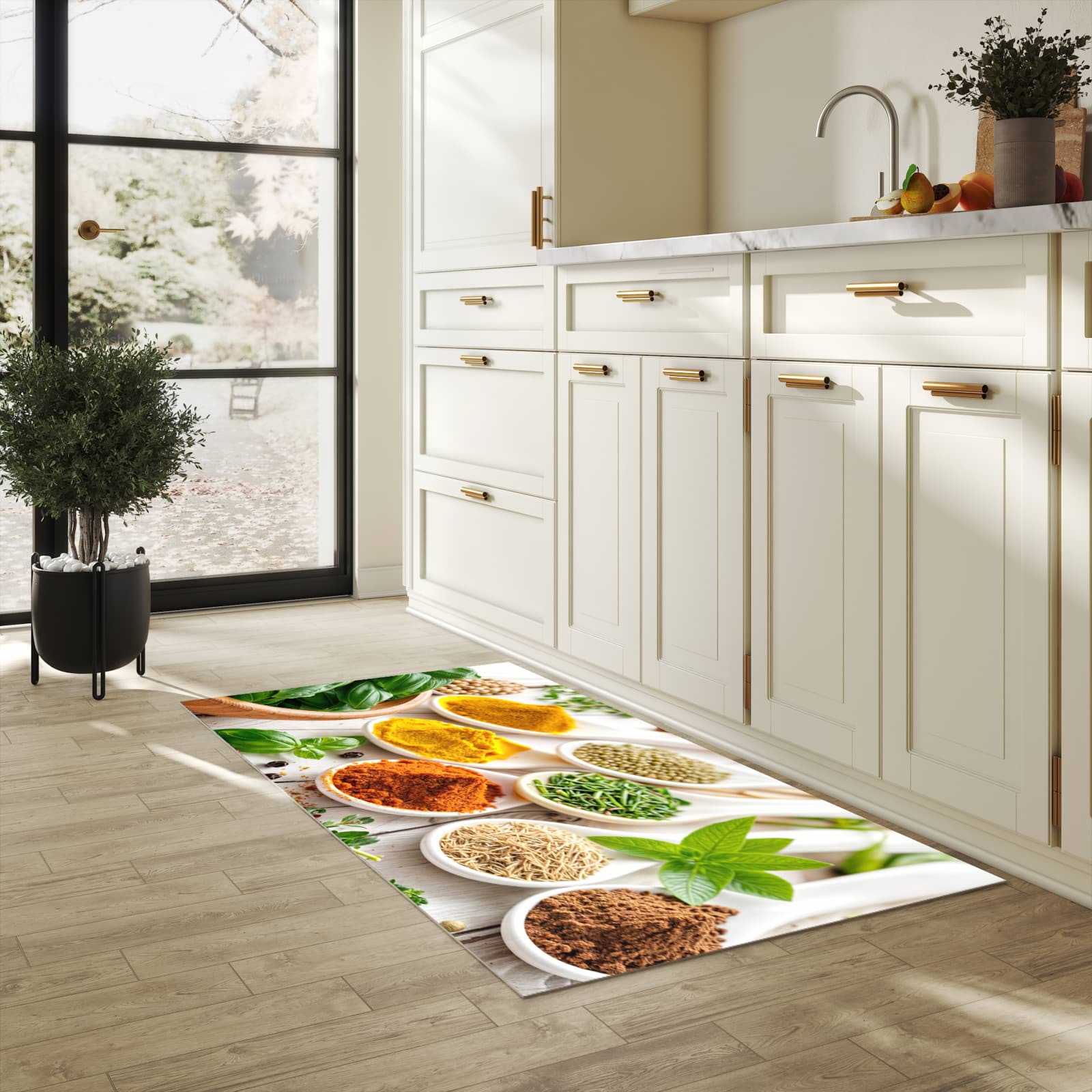 Farbbeständiger waschbarer Küchenteppich mit Motiv Gewürzvielfalt in heller Küche