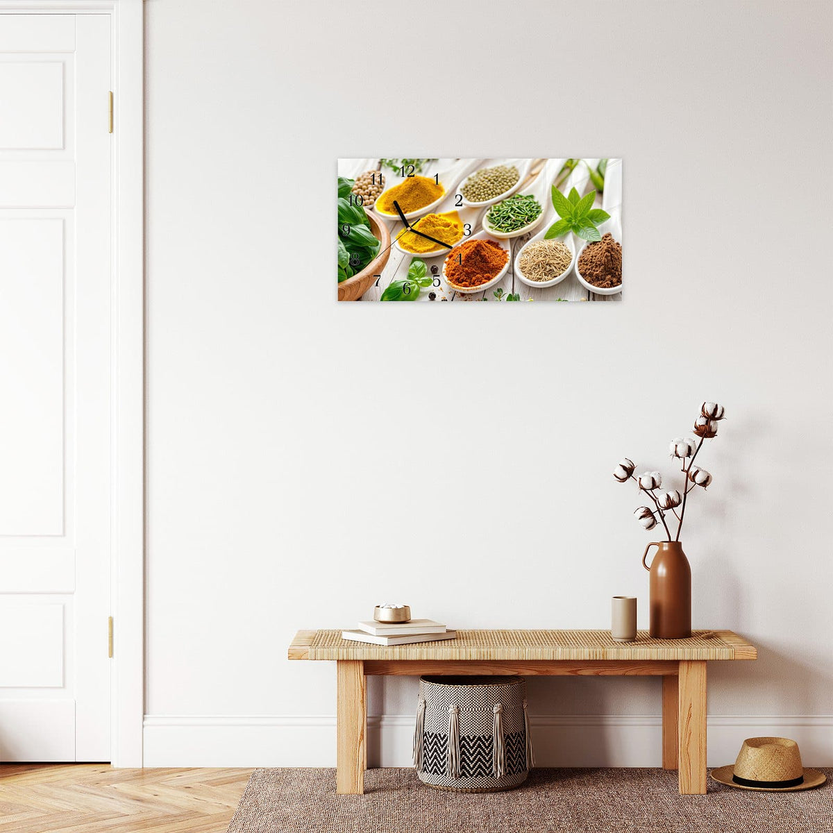 Moderne Wanduhr aus Glas mit Farbtiefe – Wanduhr Gewürzvielfalt aus Glas – Querformat 60 × 30 cm