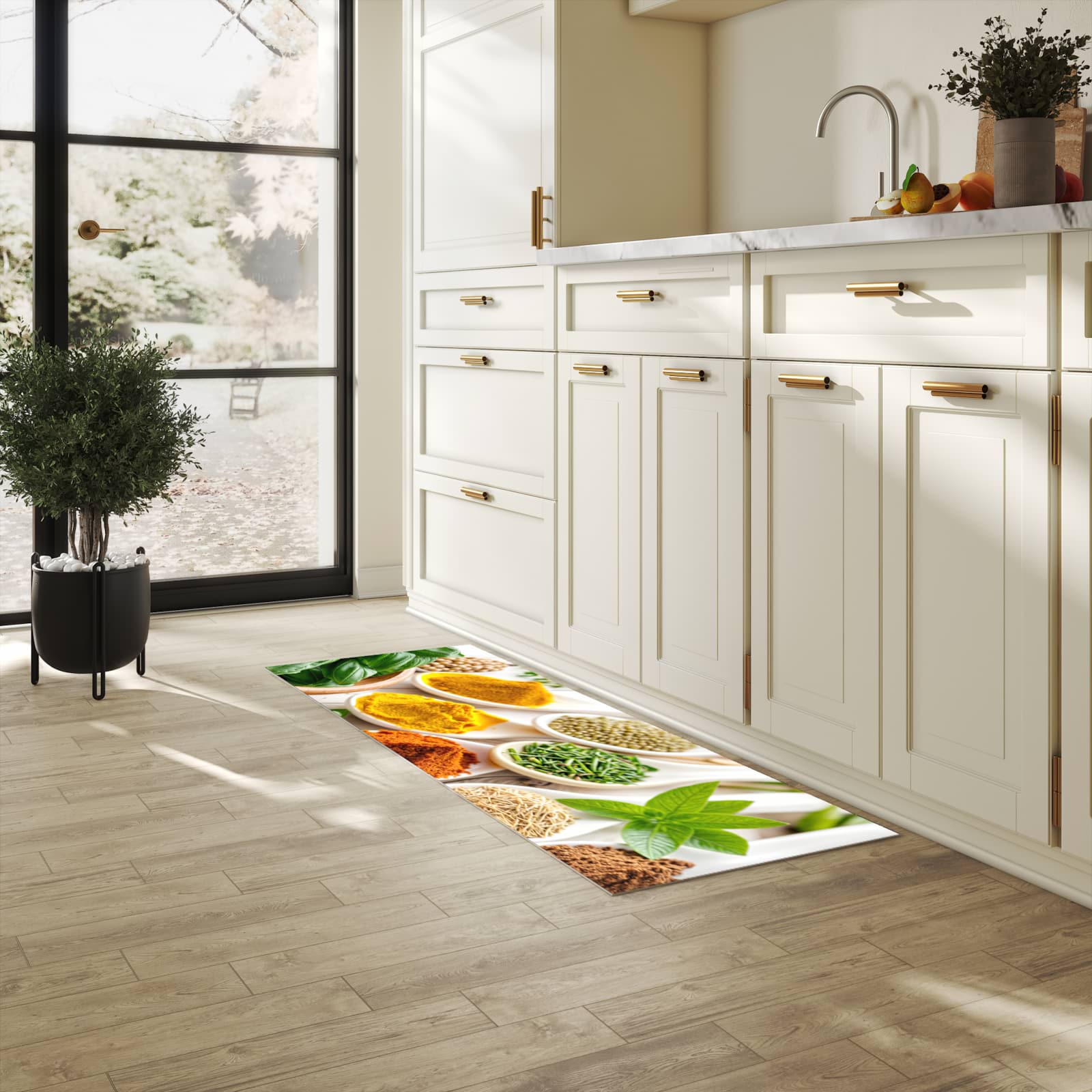 Hygienischer rutschfester Küchenteppich mit Motiv Gewürzvielfalt in heller Küche
