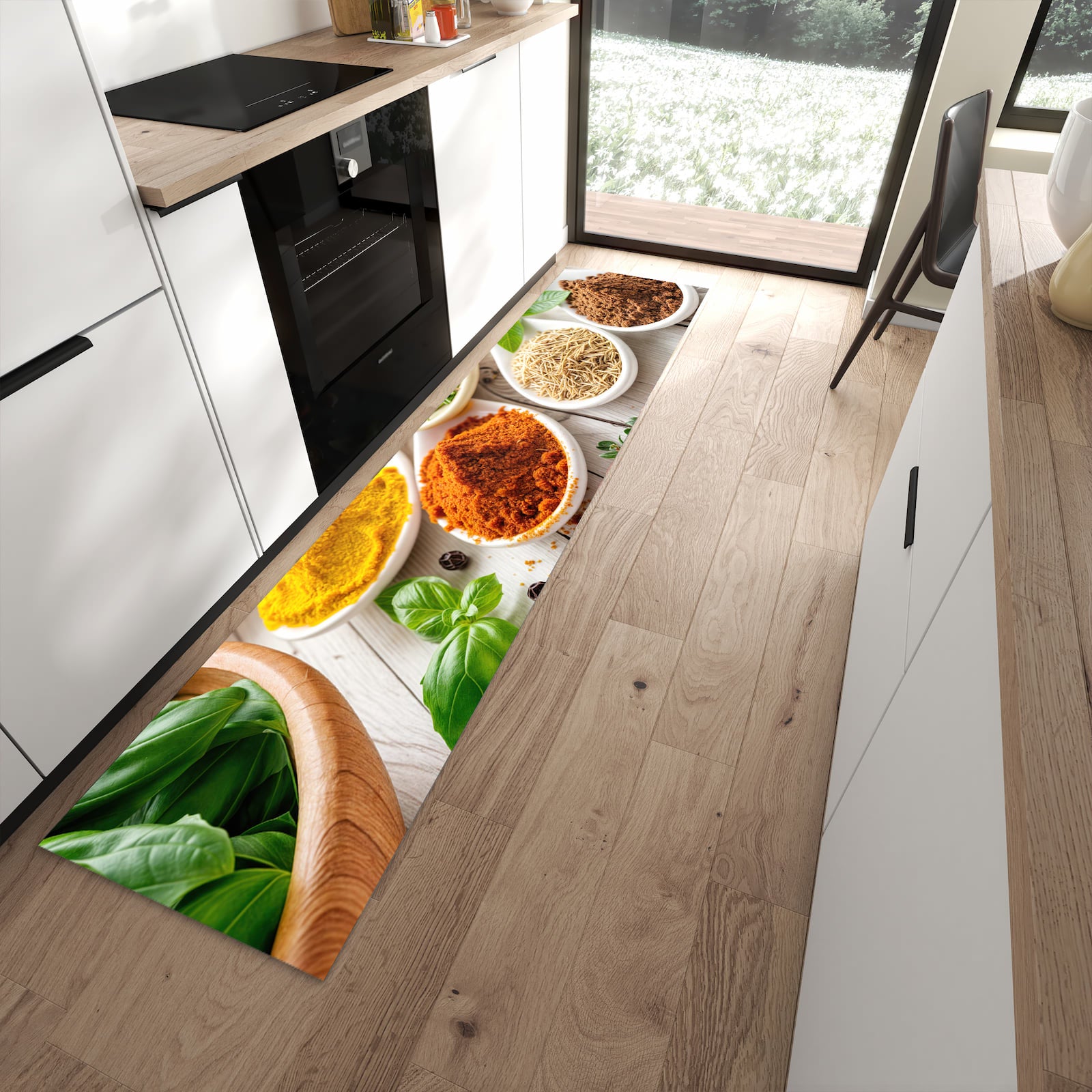 Langlebiger Küchenläufer mit Motiv Gewürzvielfalt in moderner Küche