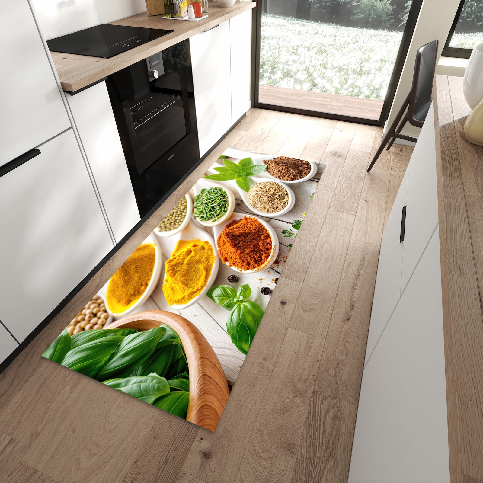 Waschbarer Küchenteppich mit Motiv Gewürzvielfalt in moderner Küche