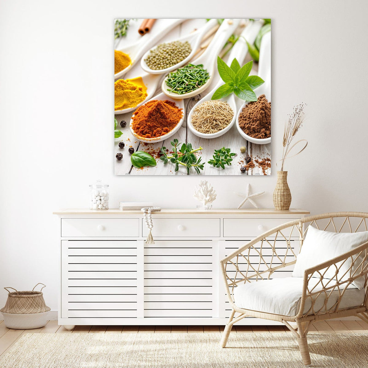 Echtglas, 4 mm – kein Acryl, keine Folie – Wandbild - Gewürze auf Porzellan - Quadratisch