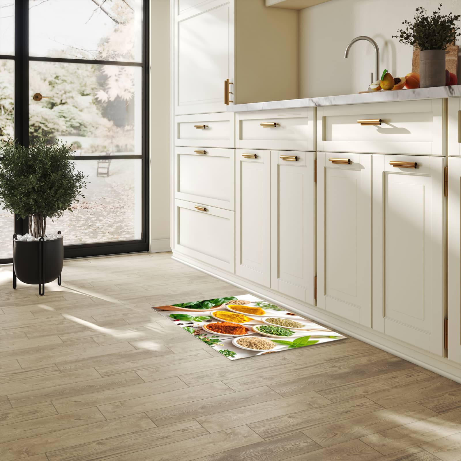 Rutschfester Küchenteppich mit Motiv Gewürzvielfalt in heller Küche