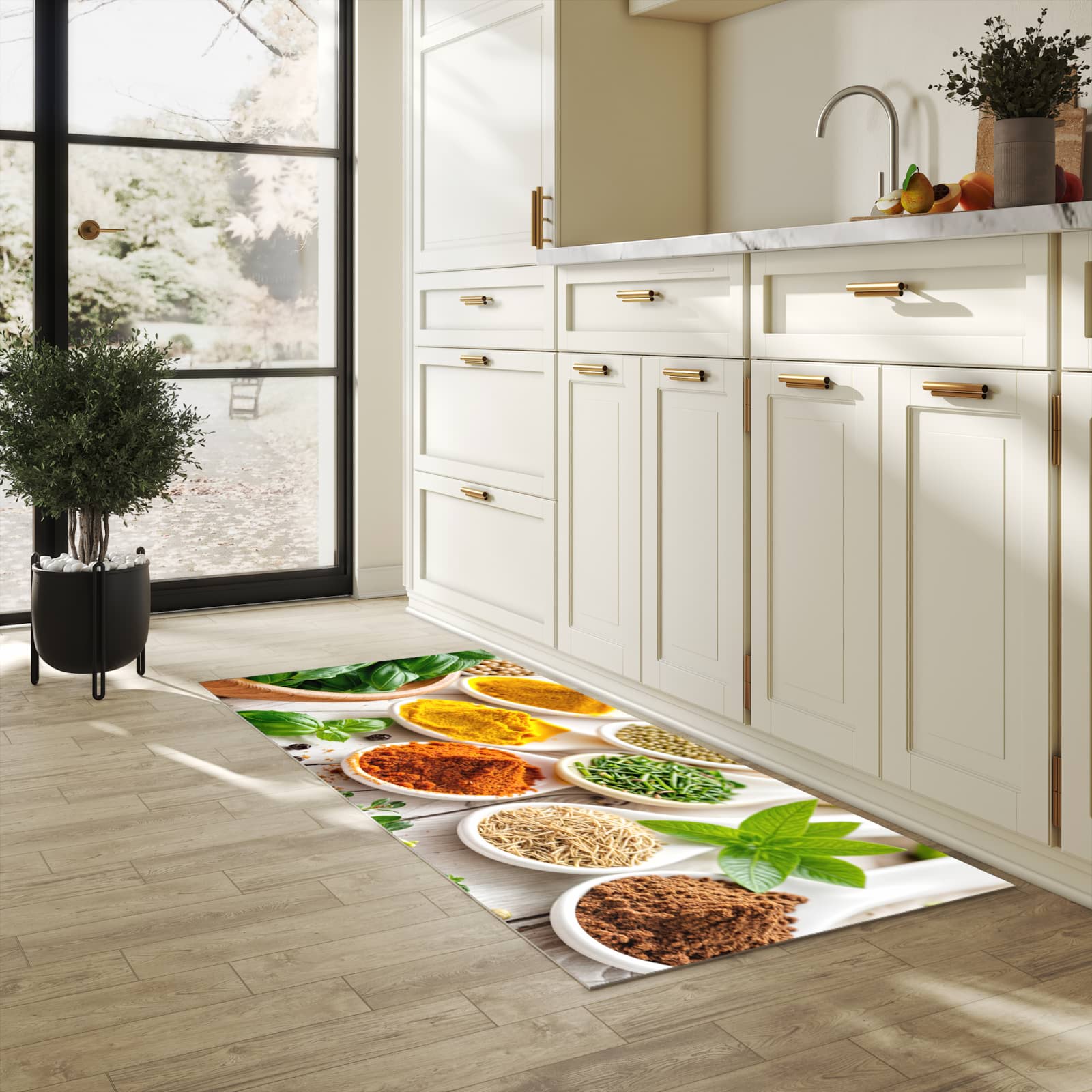 Feuchtigkeitsresistenter Küchenteppich mit Motiv Gewürzvielfalt in heller Küche