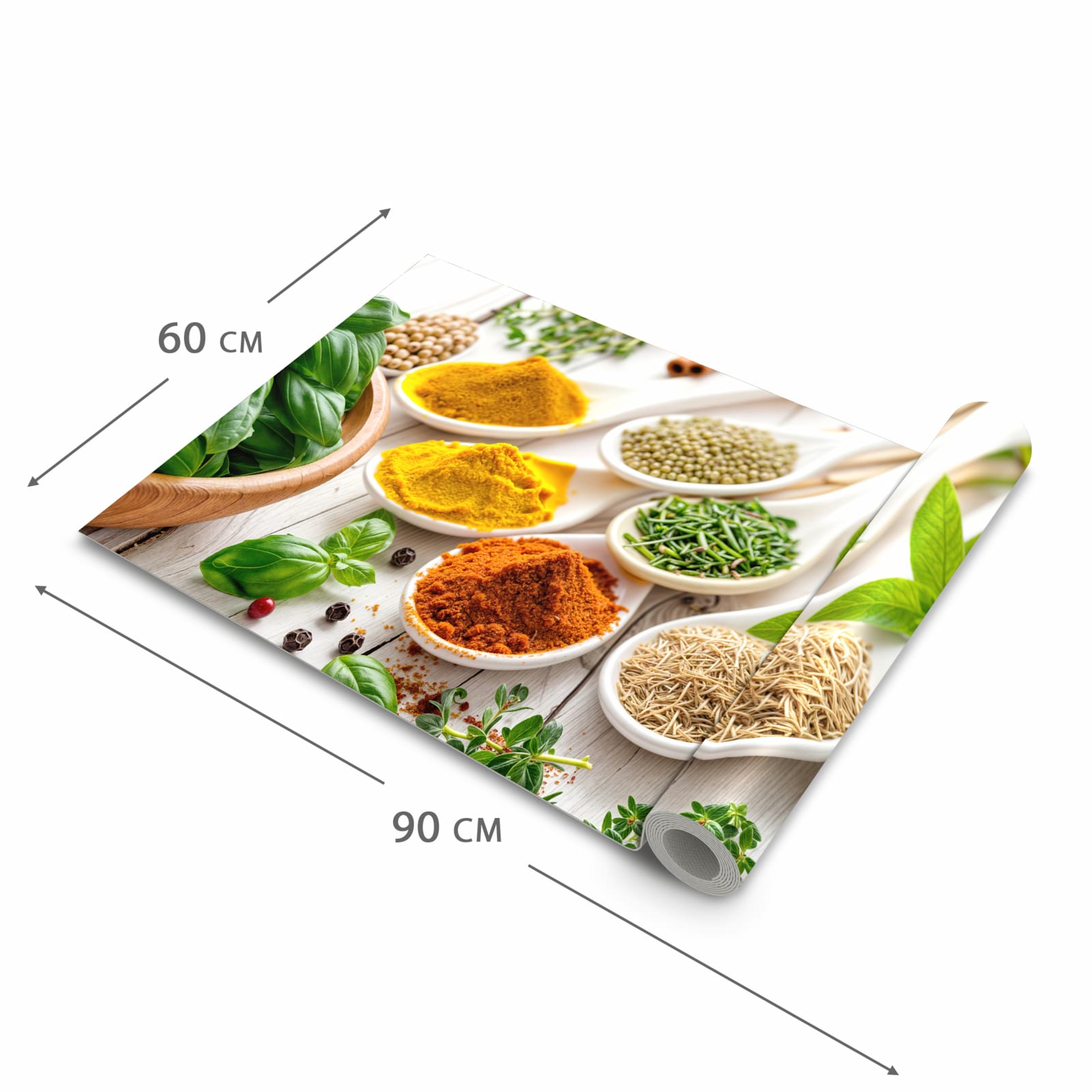 Formstabiler waschbarer Küchenteppich mit Motiv Gewürzvielfalt in der Grösse 90x240 cm