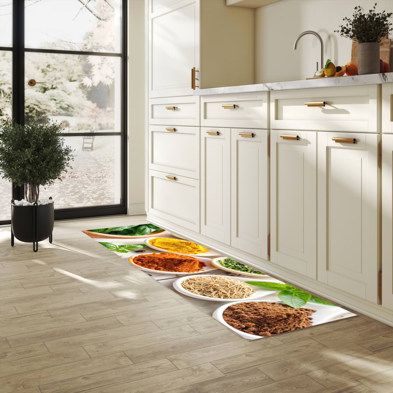 Strapazierfähiger Bodenläufer mit Motiv Gewürzvielfalt in heller Küche