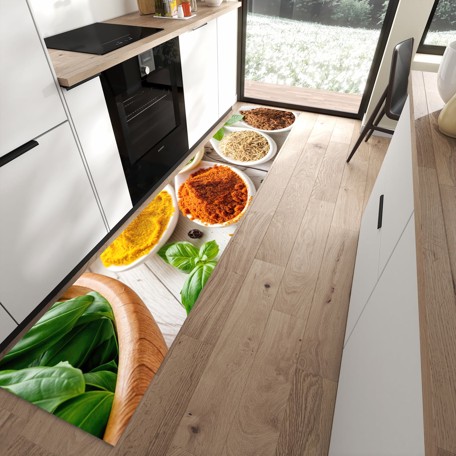 Flacher Küchenläufer mit Motiv Gewürzvielfalt in moderner Küche