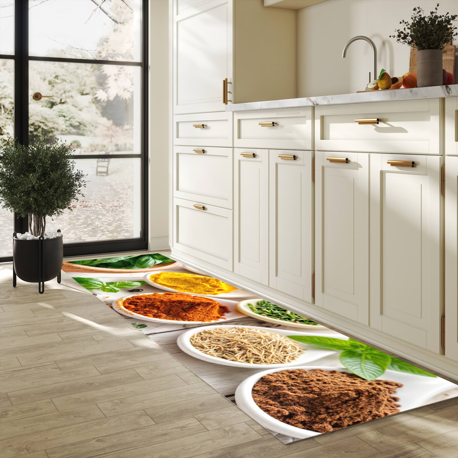 Bodenschonender waschbarer Küchenteppich mit Motiv Gewürzvielfalt in heller Küche