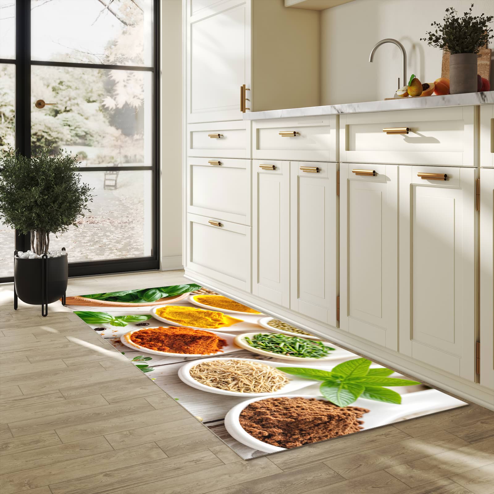 Formstabiler großer Küchenteppich mit Motiv Gewürzvielfalt in heller Küche