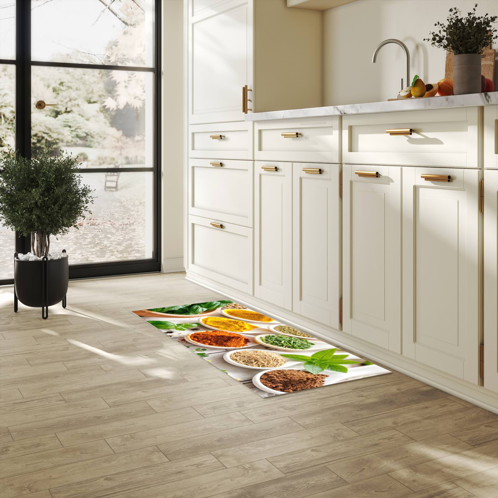 Küchenteppich mit angenehmer Haptik und Motiv Gewürzvielfalt in heller Küche, waschbar