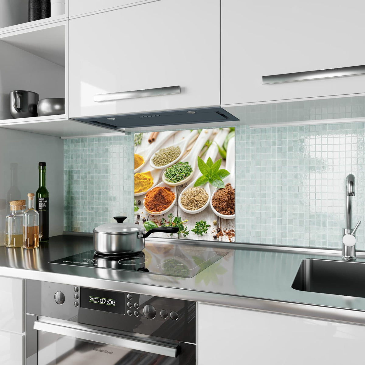 Küchenrückwand aus Glas Gewürze auf Porzellan im quadratischen Format als Spritzschutz hinter dem Kochfeld, über dem Fliesenspiegel montiert