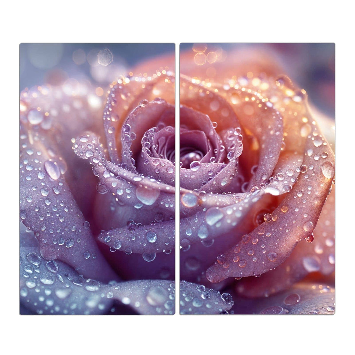 Makro einer lila-rosa Rose, dicht mit Wassertropfen besetzt.