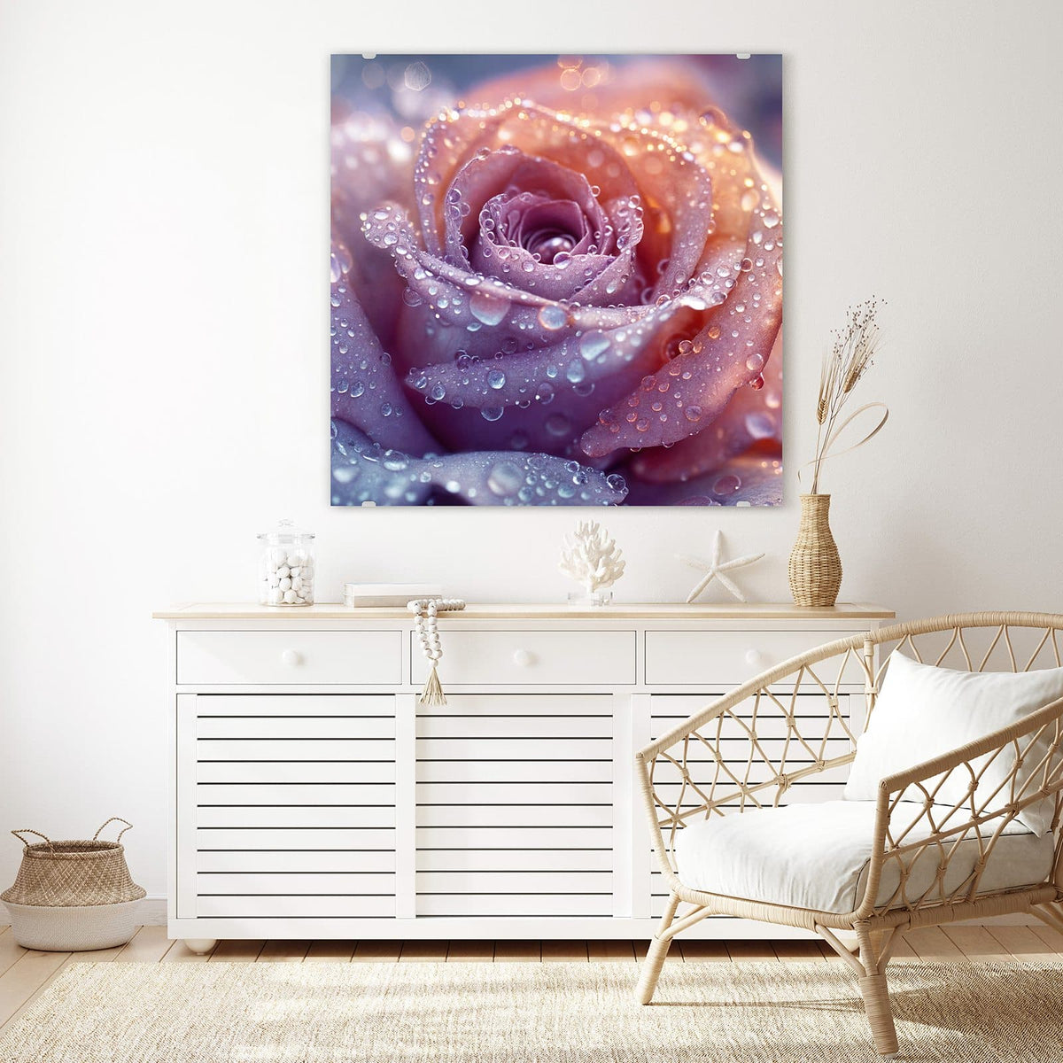 Echtglas, 4 mm – kein Acryl, keine Folie – Wandbild - Lila Rose im Tau - Quadratisch