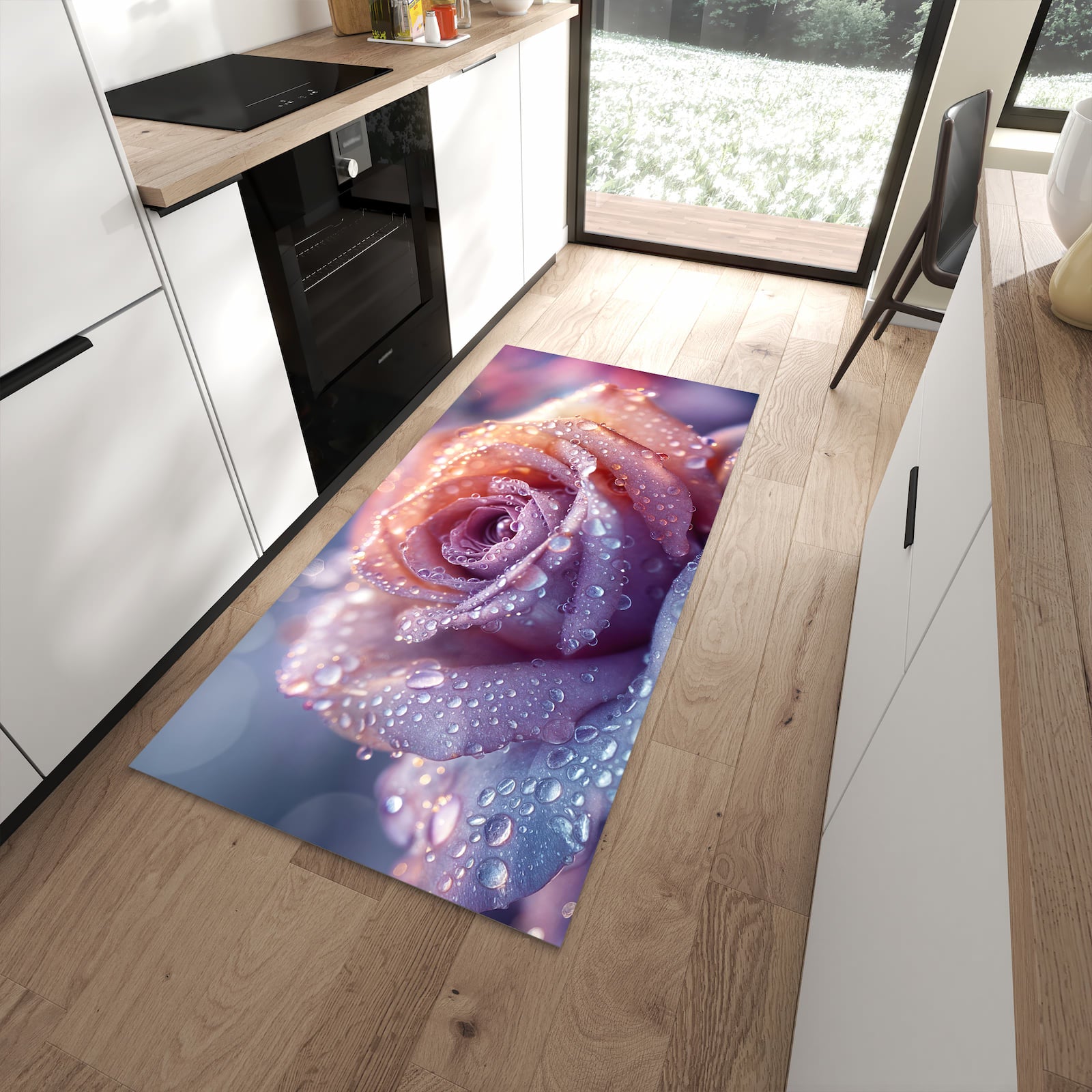 UV-beständiger Teppich für Küche mit Motiv Nasser Blumenglanz in moderner Küche