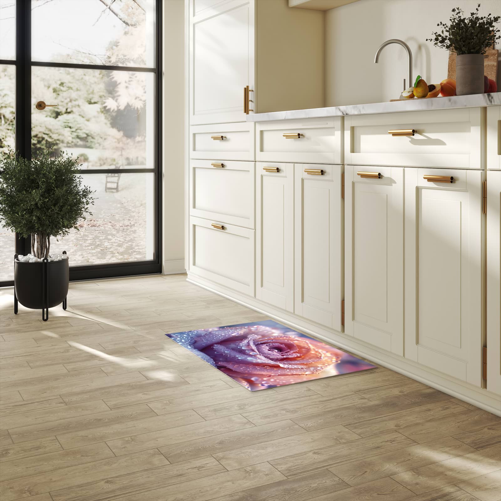 Schmutzabweisender waschbarer Küchenläufer mit Motiv Nasser Blumenglanz in heller Küche