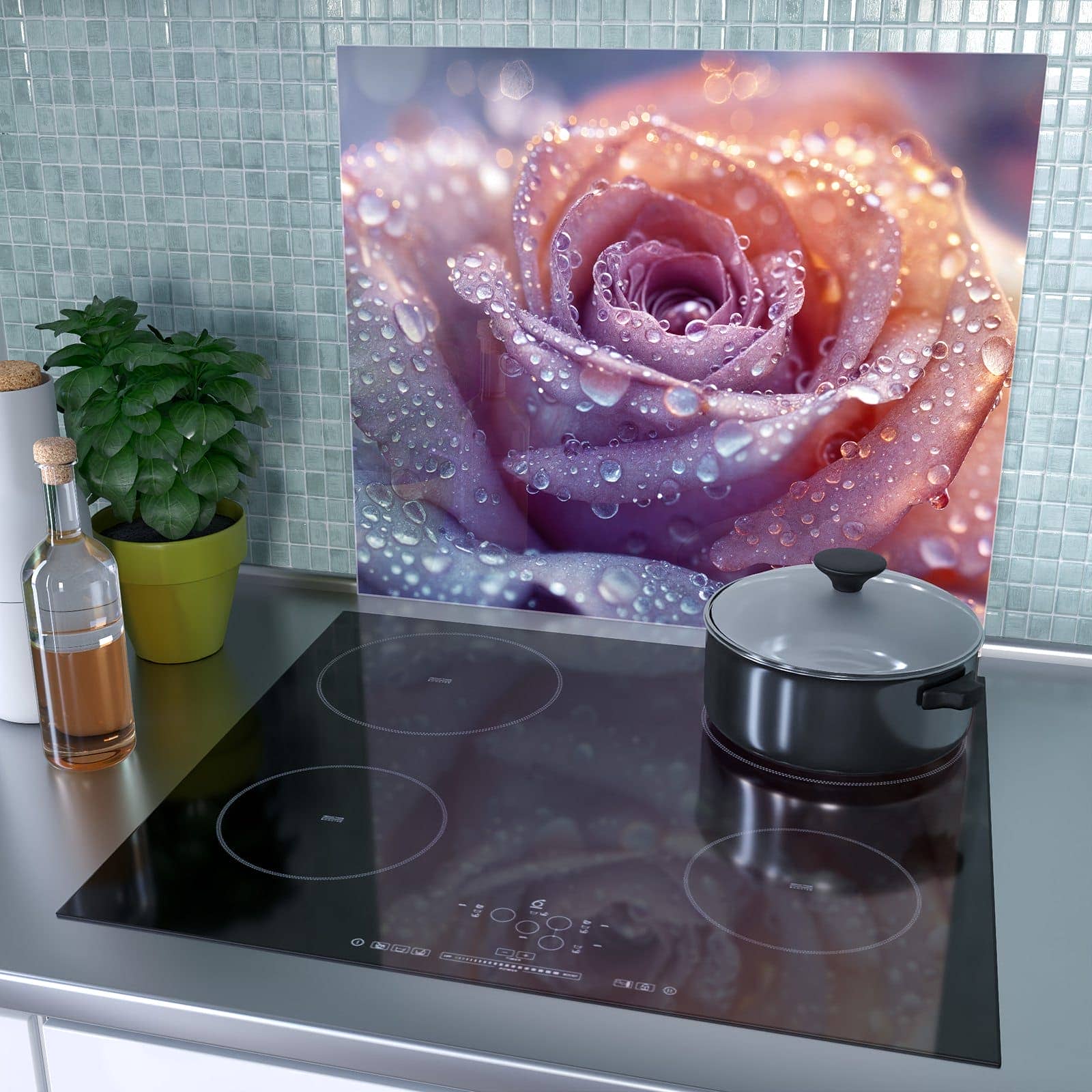 1-teilige Ceranfeld Abdeckplatten mit Blüte mit Wassertropfen-Motiv als Spritzschutz hinter dem Kochfeld