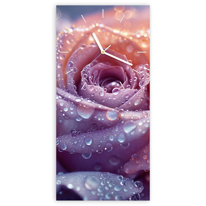 Wanduhr Blüte mit Wassertropfen aus Glas – Hochformat 30 × 60 cm mit Ziffernblatt Linie