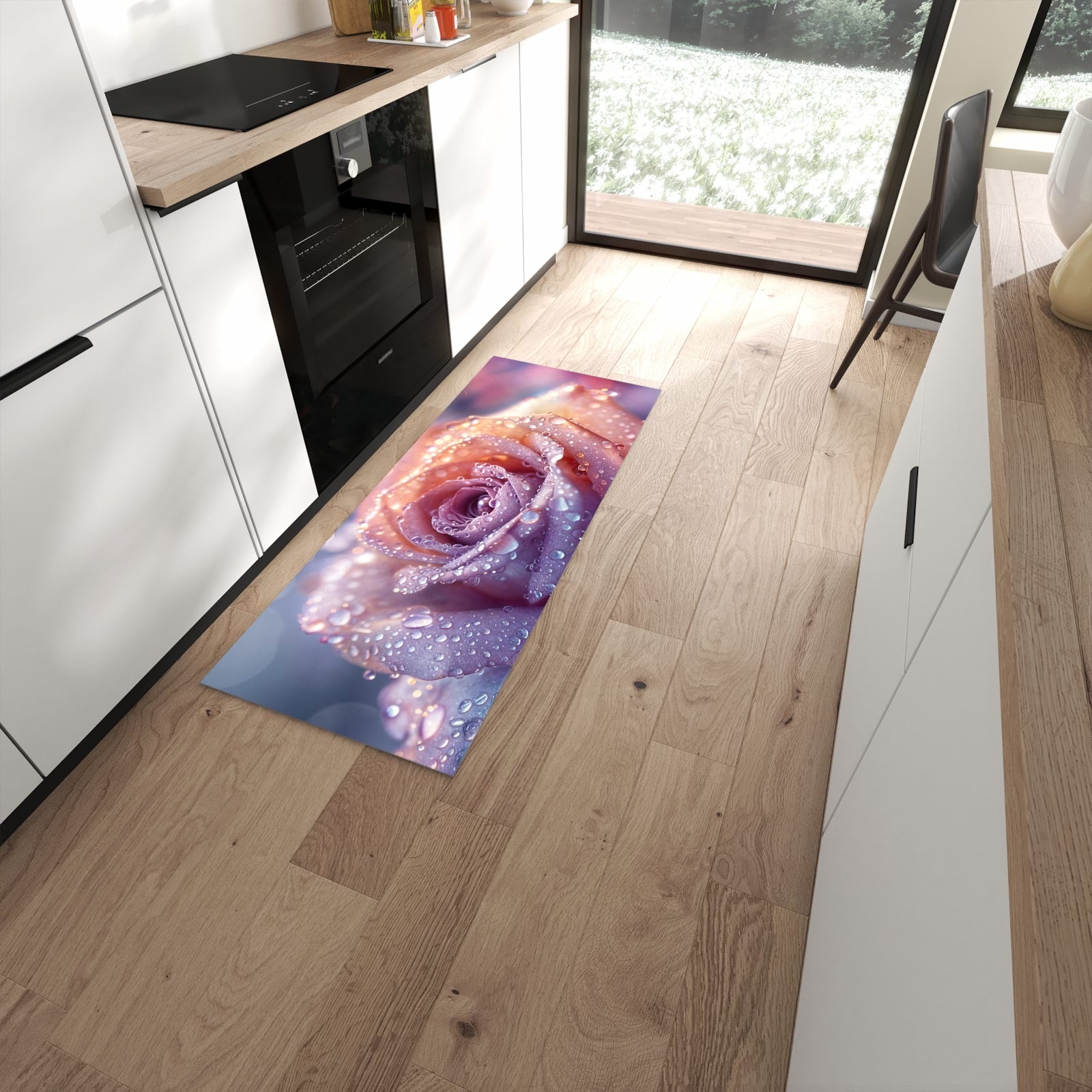 Feuchtigkeitsresistenter waschbarer Küchenläufer mit Motiv Nasser Blumenglanz in moderner Küche #grösse_60 x 150 cm
