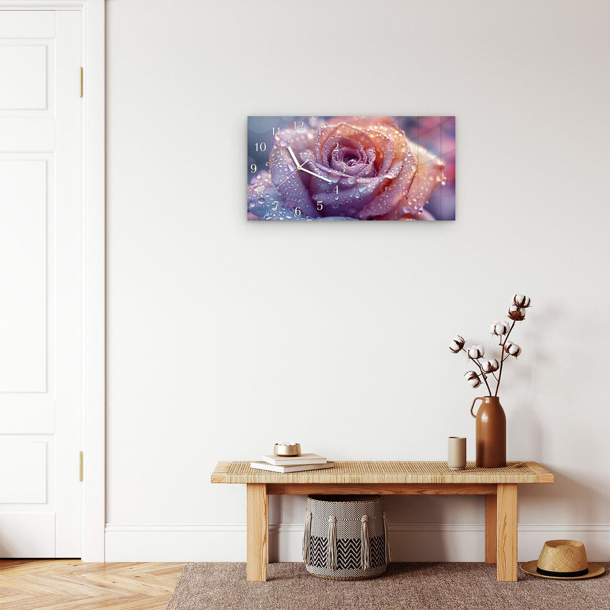 Moderne Wanduhr aus Glas mit Farbtiefe – Wanduhr Blüte mit Wassertropfen aus Glas – Querformat 60 × 30 cm