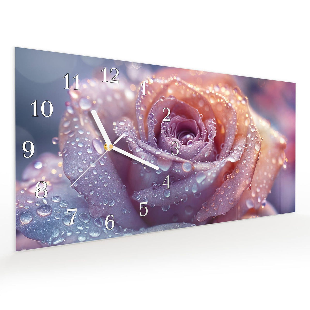 Vormontiert – mit Schwebeeffekt – Wanduhr Blüte mit Wassertropfen aus Glas – Querformat 60 × 30 cm