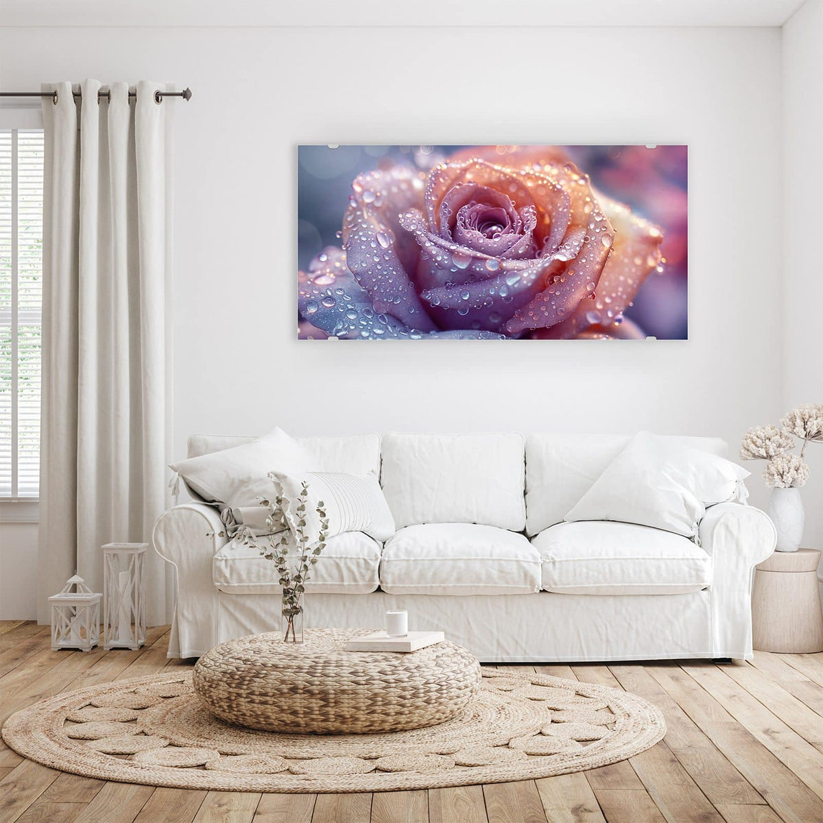 Wandbild - Lila Rose im Tau - Querformat – Lila Rose mit funkelnden Tropfen