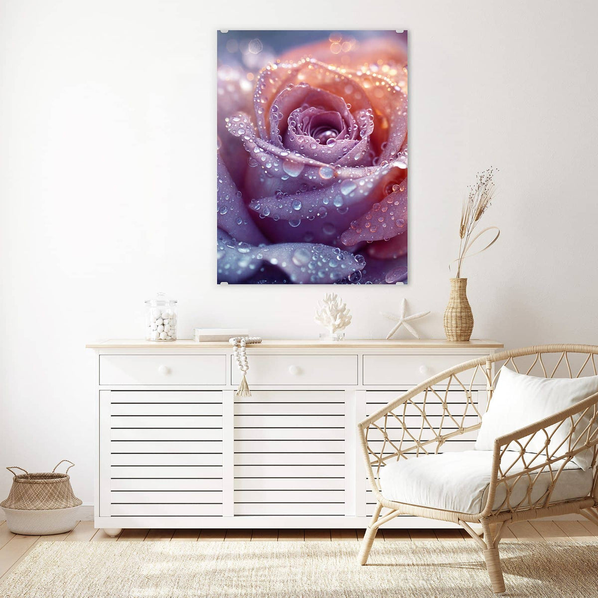 Aufhängung liegt bei – Motiv später wechselbar – Wandbild - Lila Rose im Tau - Hochformat