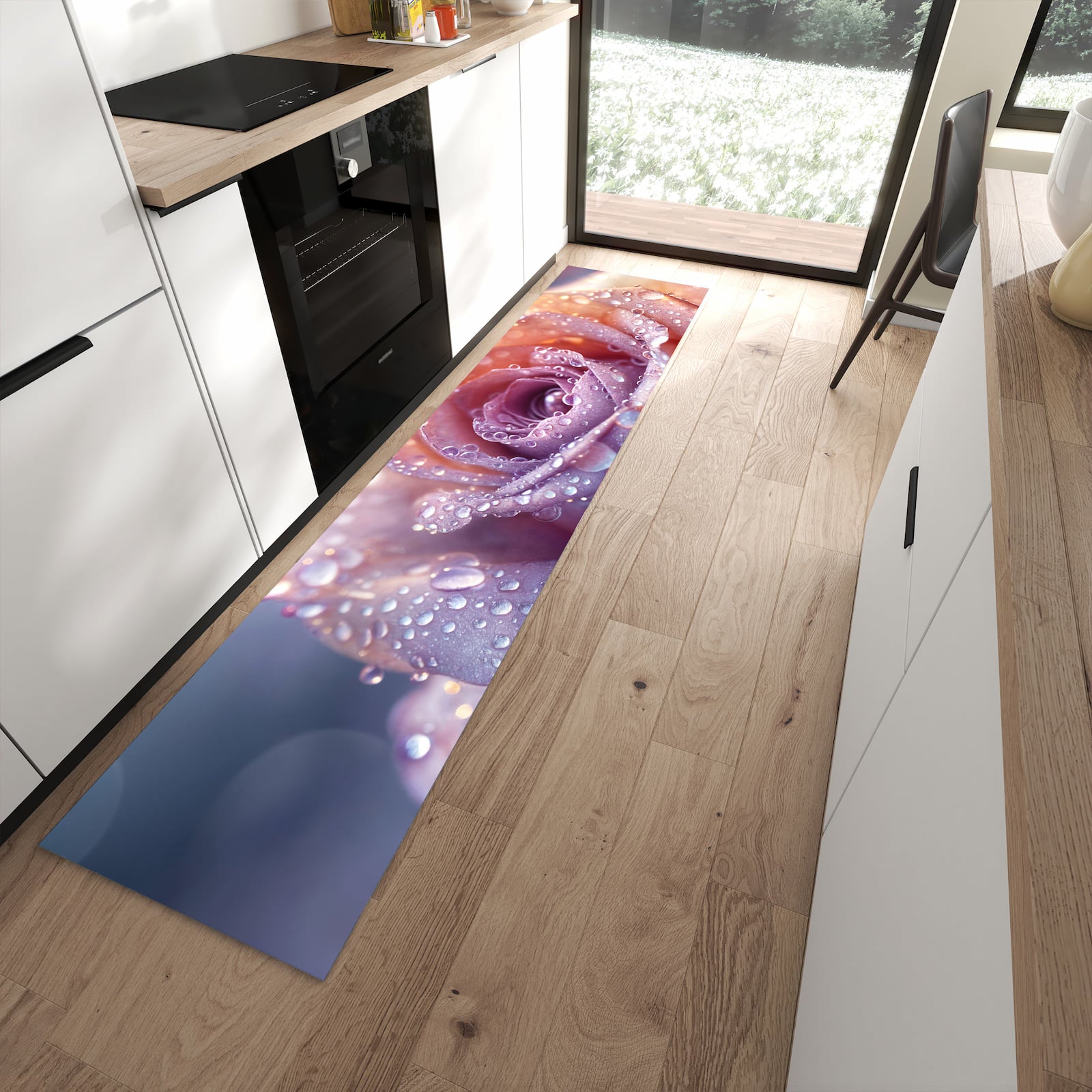 Bodenschonender Küchenläufer nach Maß mit Motiv Nasser Blumenglanz in moderner Küche