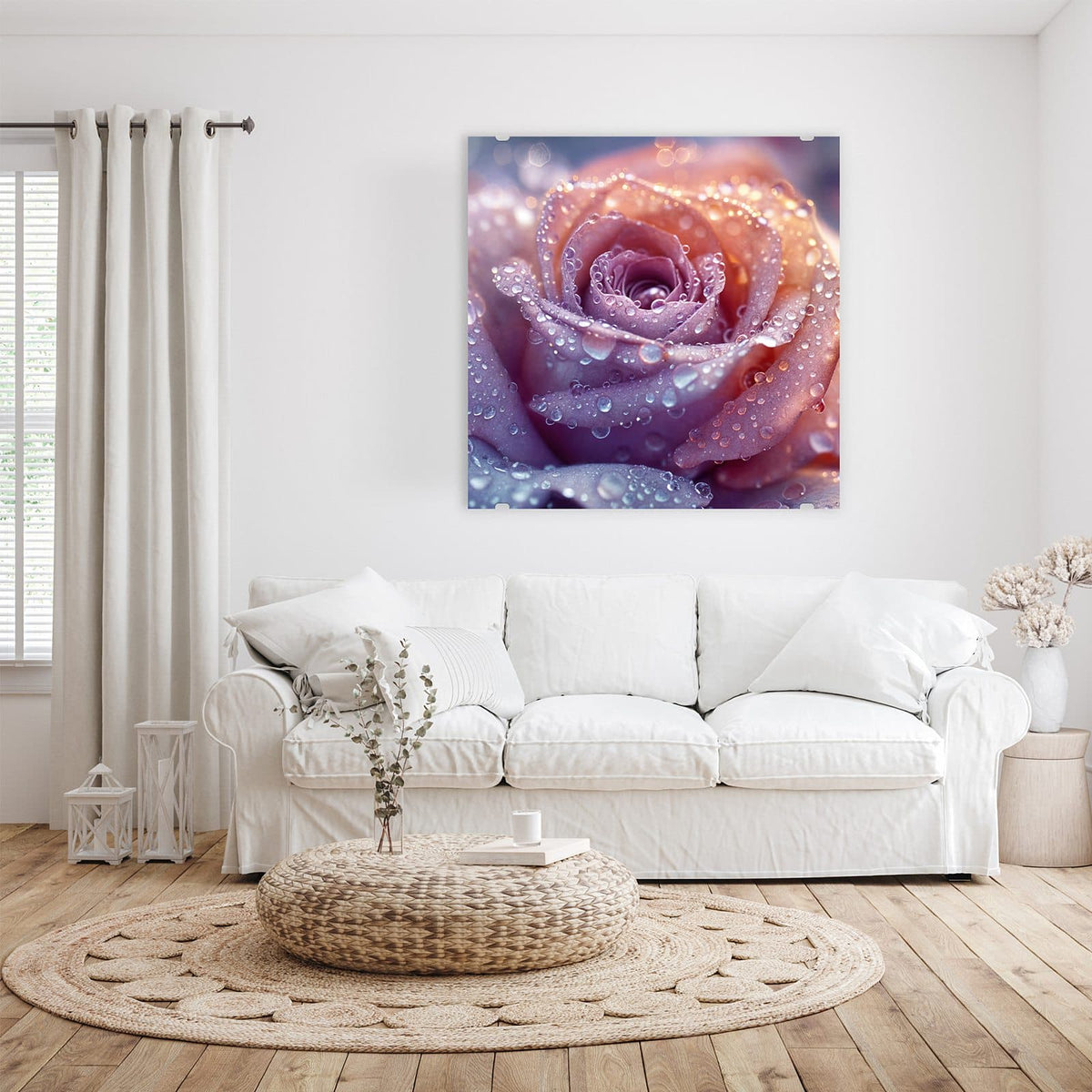 Makro einer lila-rosa Rose, dicht mit Wassertropfen besetzt.
