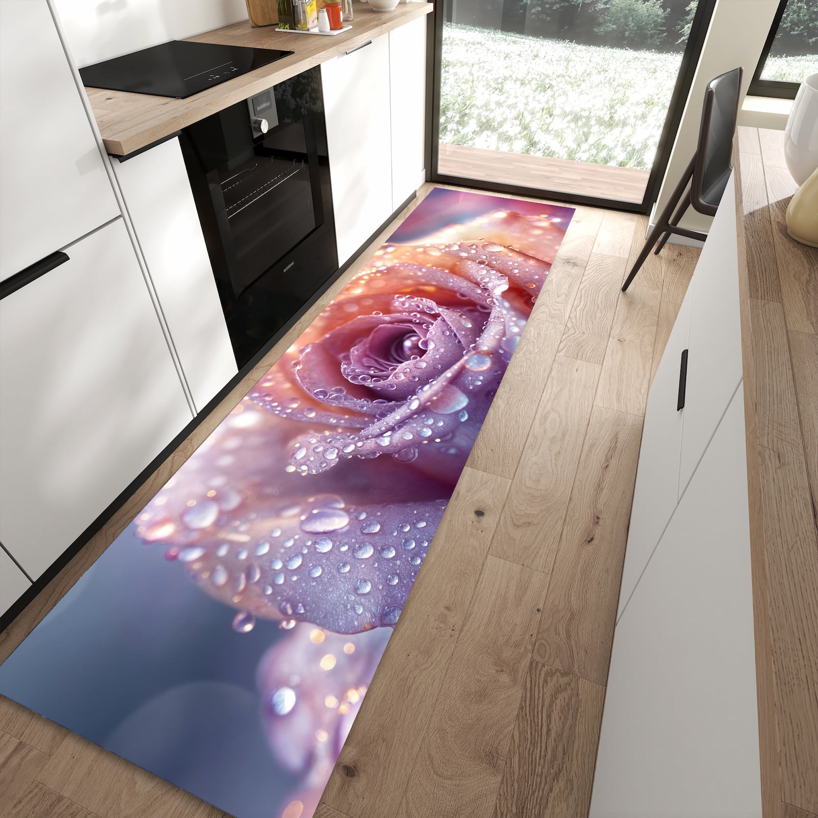 Abriebfester Küchenteppich mit Motiv Nasser Blumenglanz in moderner Küche