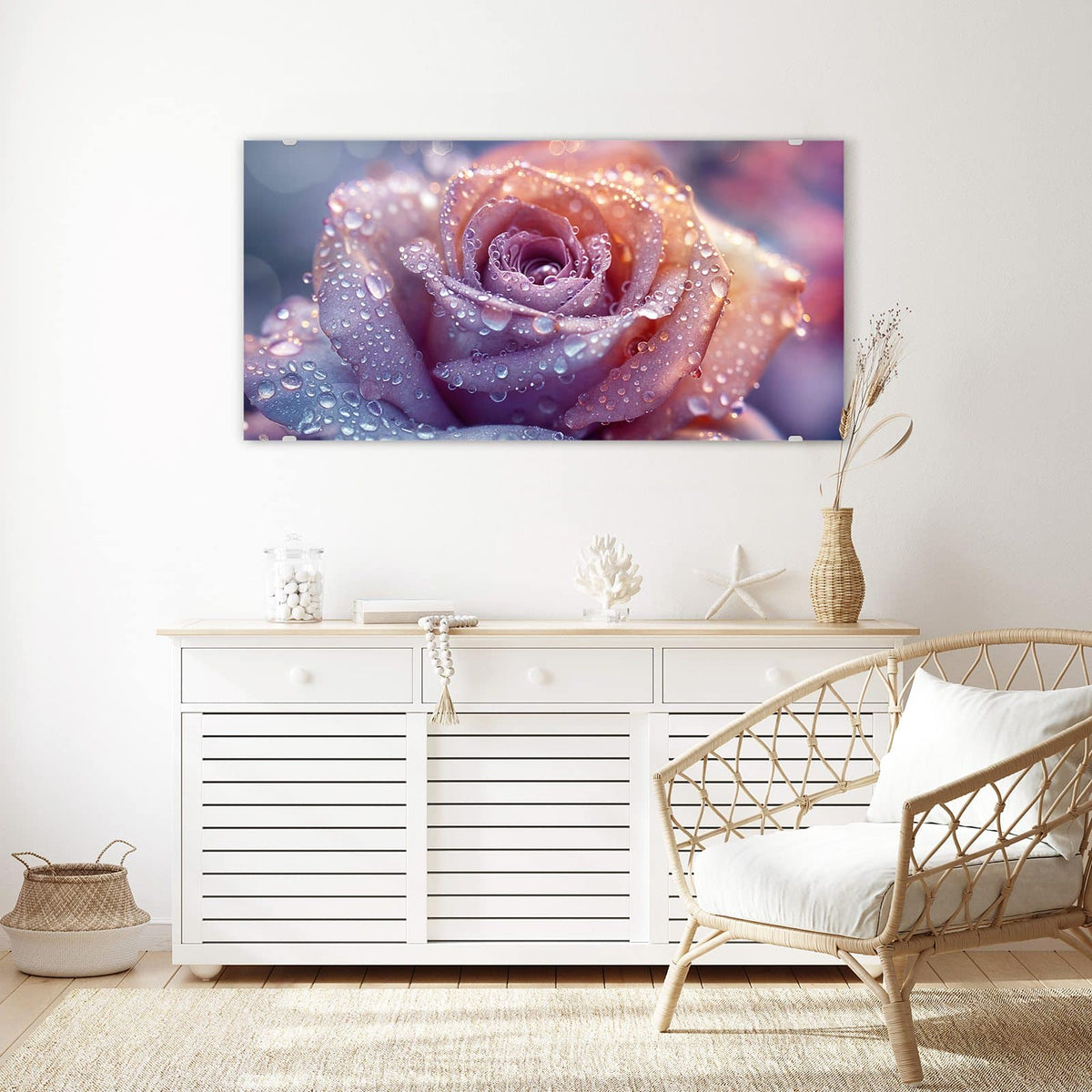 Echtglas, 4 mm – kein Acryl, keine Folie – Wandbild - Lila Rose im Tau - Querformat