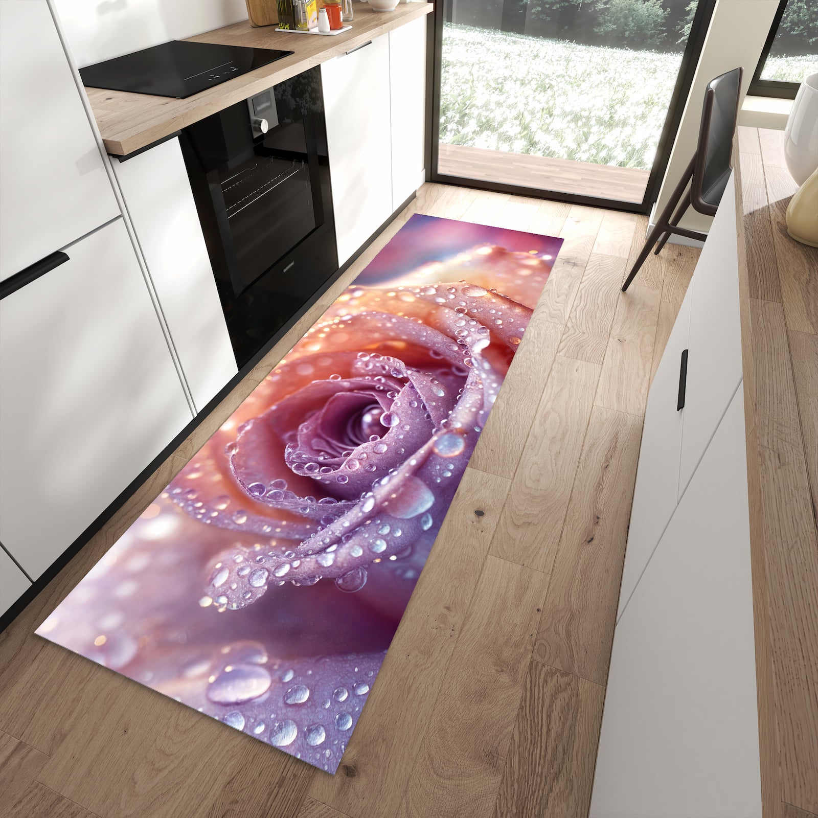 Zeitsparender abwaschbarer Küchenteppich mit Motiv Nasser Blumenglanz in moderner Küche