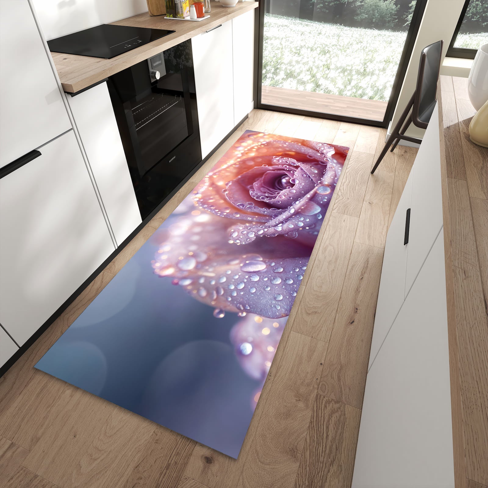 Komfortabler Küchenteppich mit Motiv Nasser Blumenglanz in moderner Küche