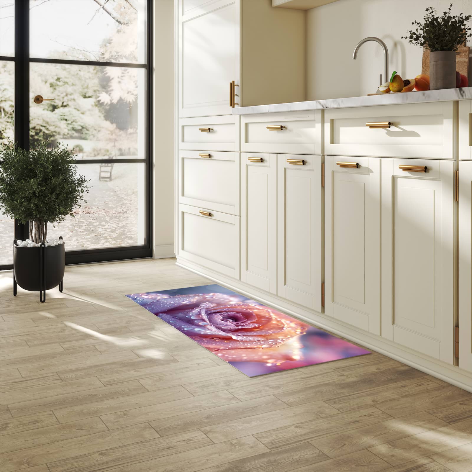 Abriebfester waschbarer Teppich Küche mit Motiv Nasser Blumenglanz in heller Küche