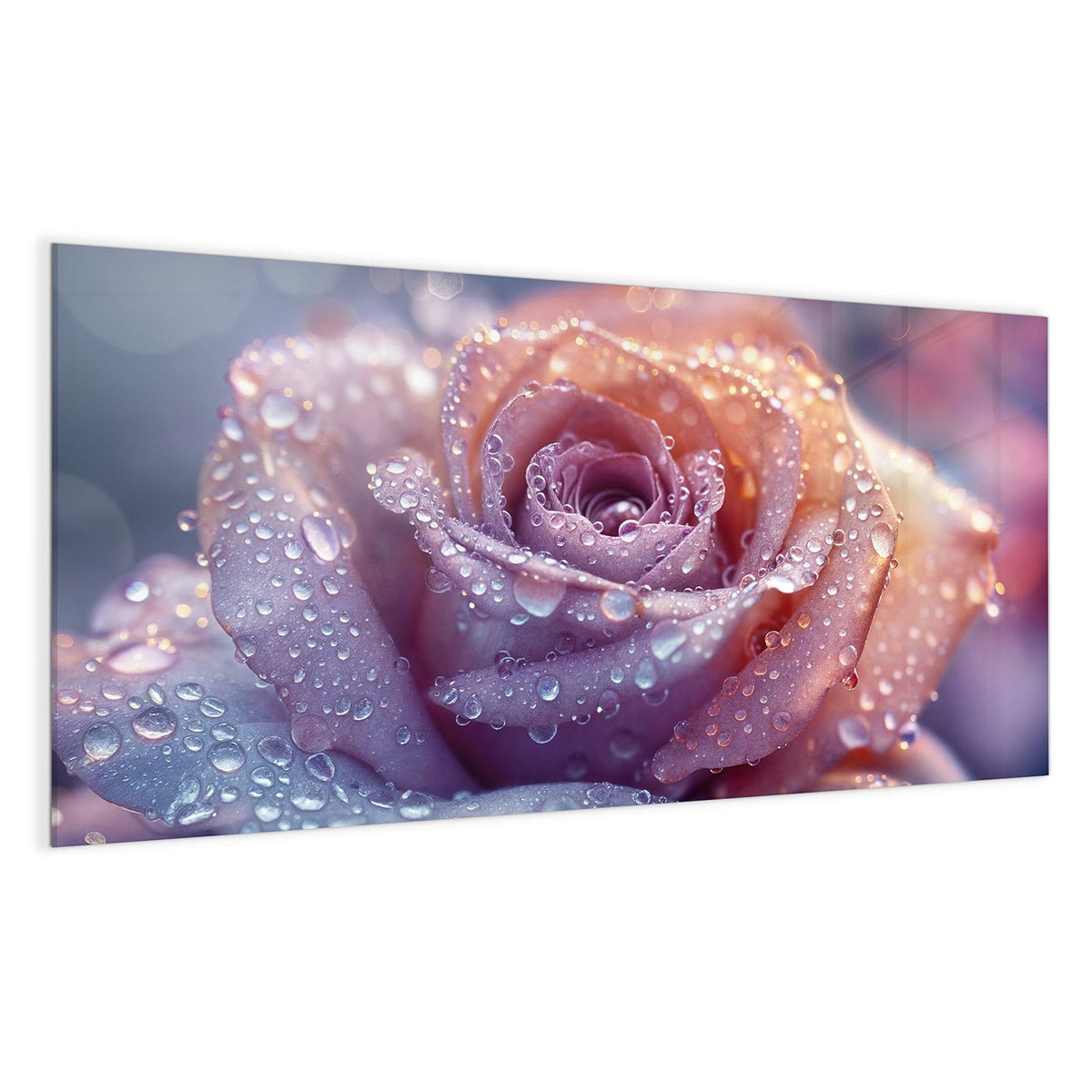 Makro einer lila-rosa Rose, dicht mit Wassertropfen besetzt.